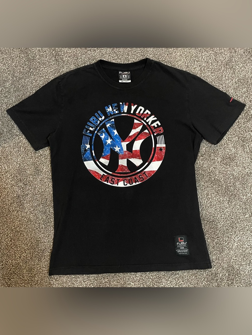 FUBU Black Tee with Red, White & Blue New Yorker Graphic